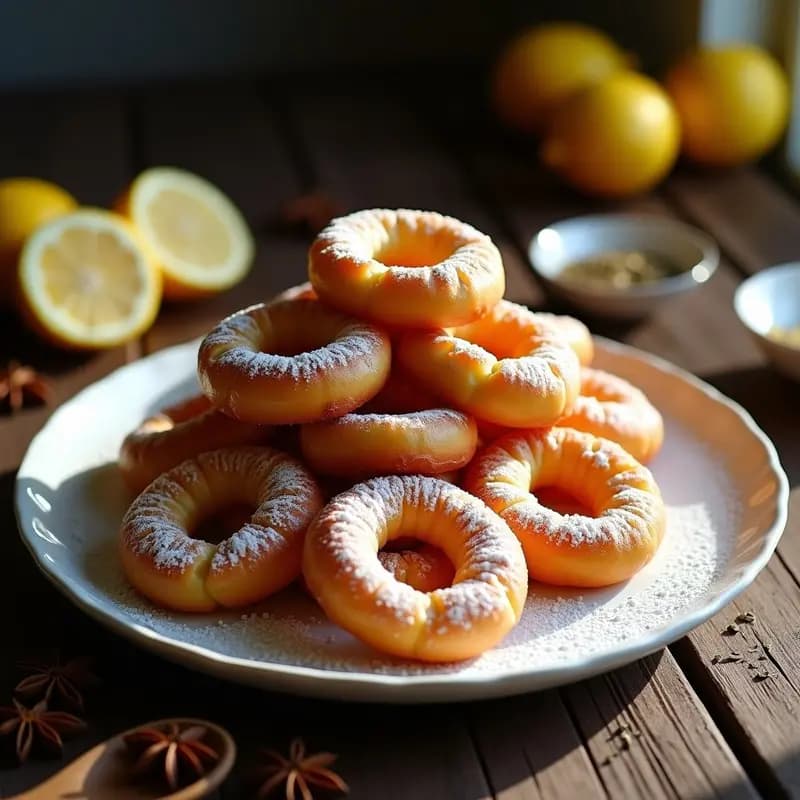 Plato blanco rústico con roscos de vino con anís y ralladura de limón apilados, dorados y crujientes, espolvoreados con azúcar glas, sobre fondo de madera con limones y granos de anís esparcidos.
