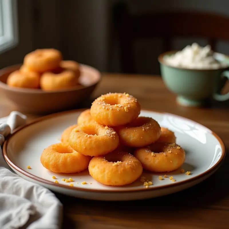 Rosquillas de anís caseras doradas y esponjosas, espolvoreadas con azúcar glas, dispuestas en un plato de cerámica blanca sobre una mesa rústica de madera. Postre tradicional de Semana Santa sin horno.