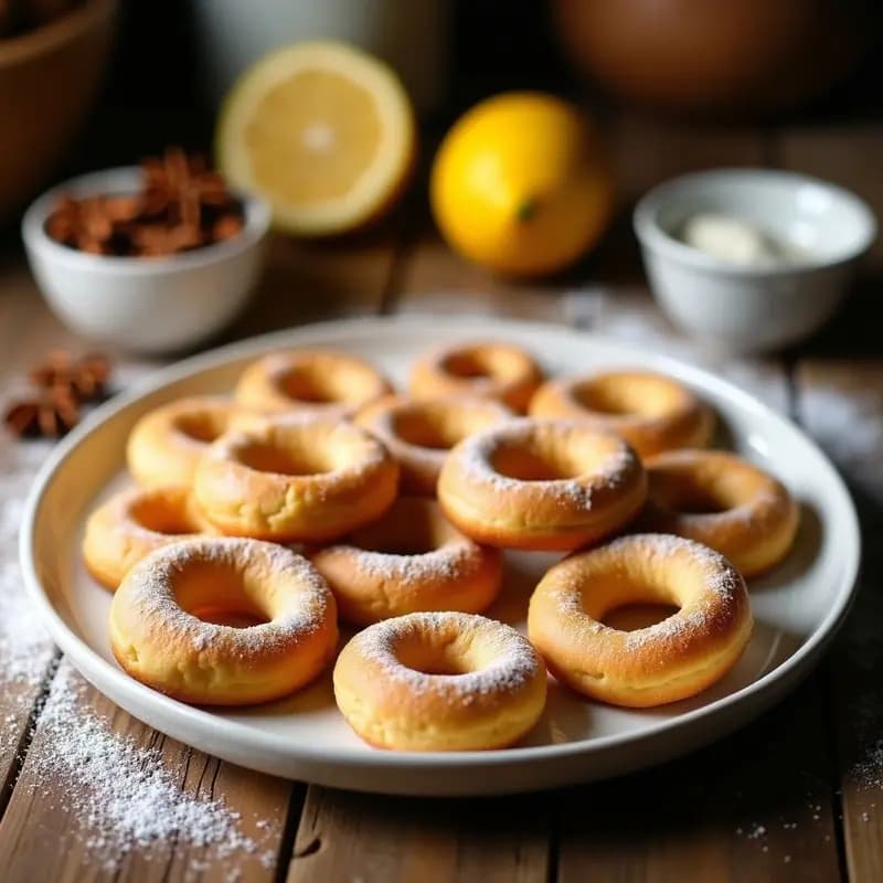 Bandeja de rosquillas de anís y limón doradas, esponjosas y con azúcar glas espolvoreada, postre tradicional andaluz para desayunar sobre fondo rústico de madera.