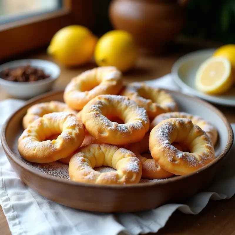Bandeja de madera con rosquillas de anís y ralladura de limón doradas, esponjosas y espolvoreadas con azúcar glas, sobre un mantel de lino blanco. Receta casera tradicional para desayunar.