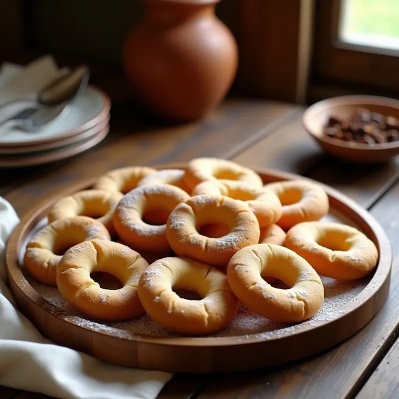 Bandeja rústica de madera con rosquillas de anís doradas y esponjosas, espolvoreadas con azúcar glas, sobre fondo de cocina tradicional española.