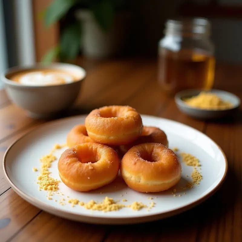 Rosquillas de anís doradas y esponjosas sobre un plato de cerámica blanca, con granos de azúcar brillantes y aroma a anís, típico dulce de Semana Santa.