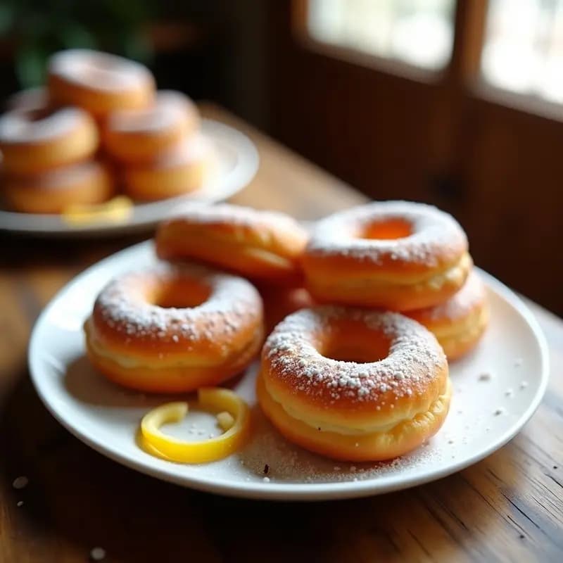 Rosquillas de anís tradicionales sin mantequilla, doradas y esponjosas, espolvoreadas con azúcar glass sobre un plato de cerámica blanca con fondo rústico de madera. Detalle de textura crujiente y aroma a anís clásico.