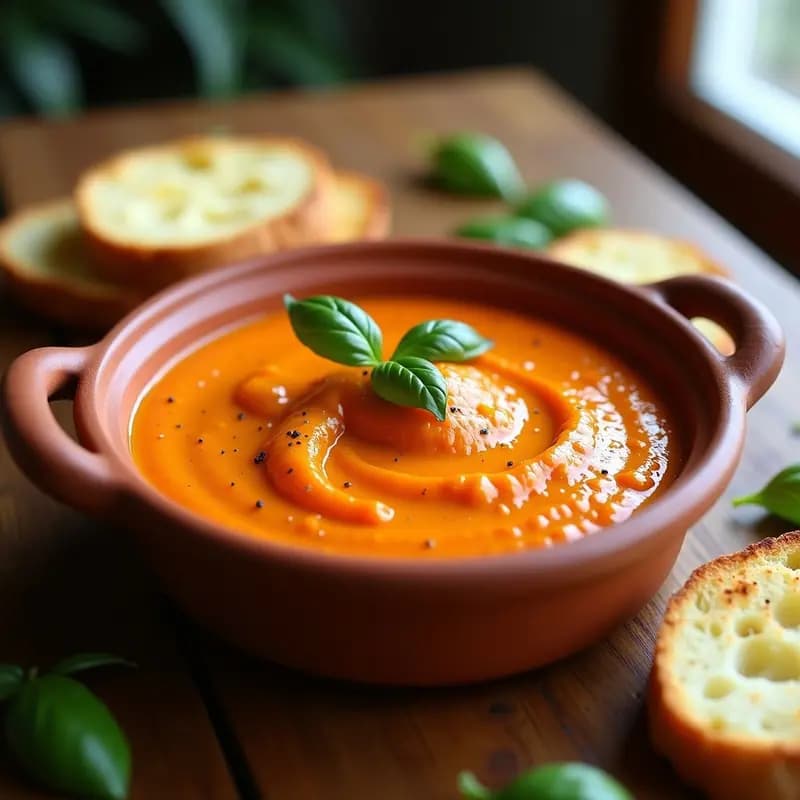 Cuenco de cerámica blanca con rouille de pimientos asados y ajo de color naranja intenso, decorado con hojas de albahaca fresca. Acompañado de rebanadas doradas de pan de ajo tostado sobre una tabla de madera rústica. Receta francesa tradicional para acompañar carnes.