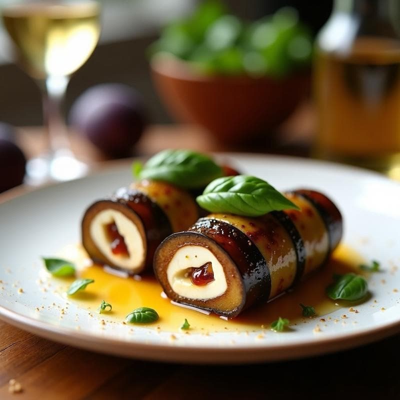 Roulades de berenjena asada enrolladas con relleno de queso de cabra cremoso y mermelada de higo, decoradas con hojas de albahaca y un hilo de miel sobre fondo blanco rústico. Entrante francés elegante y sofisticado.
