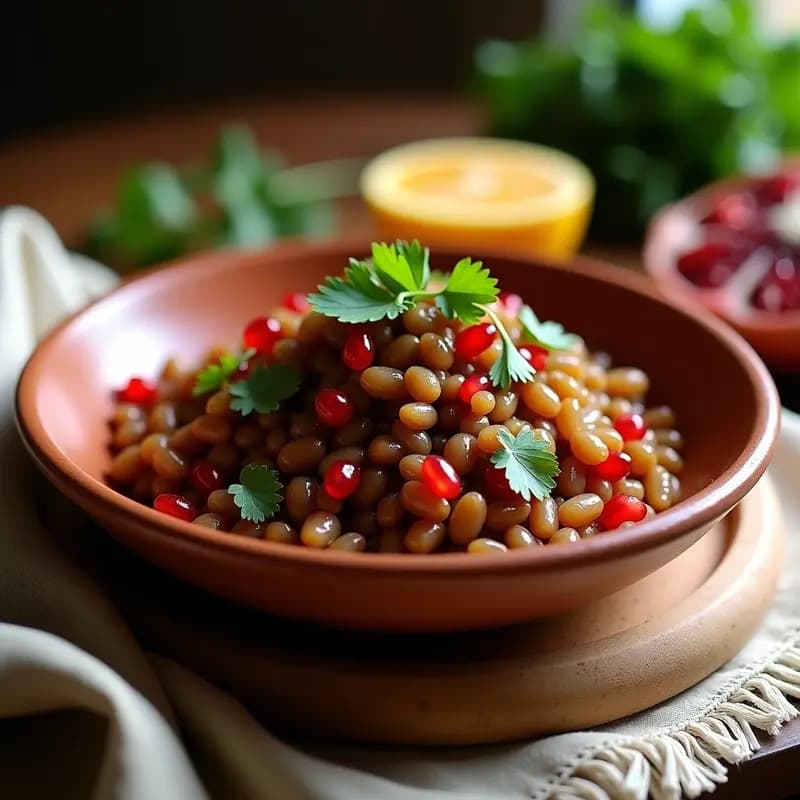 Ensalada S BALADI Egipcio en un bol de barro rústico, con lentejas pardinas, cebolla caramelizada dorada, granos de granada rojos brillantes y hojas de menta fresca. El plato está adornado con un hilo de vinagre de granada y perejil picado, sobre un fondo de madera oscura con texturas árabes.