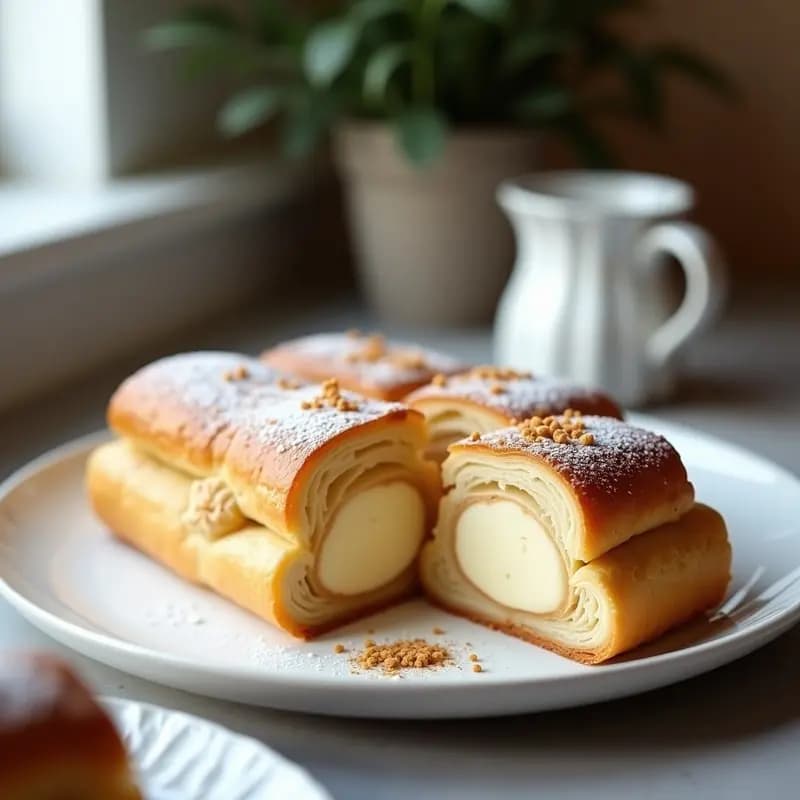 S Landau de hojaldre dorado y laminado relleno de crema pastelera de vainilla, servido en porciones rectangulares sobre un plato blanco con detalles en azúcar glass.