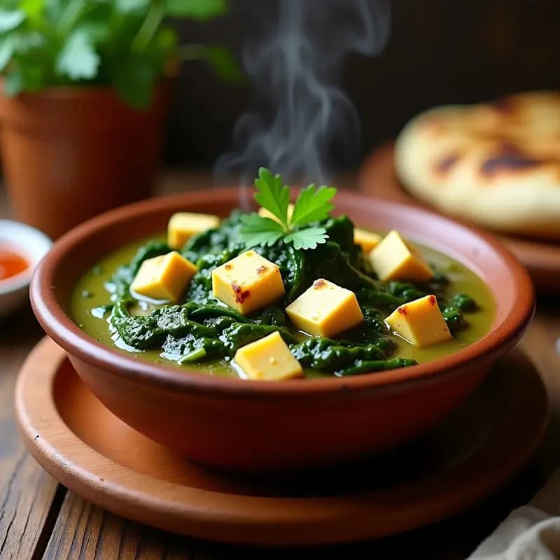 Plato hondo de barro con Saag Paneer cremoso, espinacas frescas vibrante, cubos dorados de queso paneer y almendras fileteadas, decorado con cilantro fresco. Receta vegetariana en olla lenta.