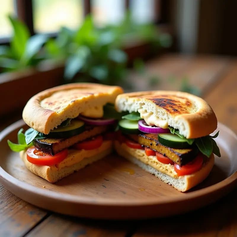 Sabich vegano abierto en pan de pita integral relleno de hummus cremoso, berenjena ahumada dorada, ensalada fresca de pepino, tomate y cebolla morada, decorado con perejil y garbanzos. Plato con fondo rústico de madera.