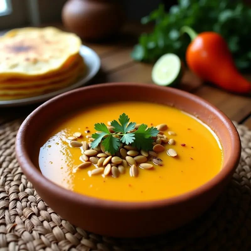 Plato hondo de barro con sopa Sacbeobich de Yucatán, cremosa y dorada, decorada con semillas de calabaza tostadas, cilantro fresco y un chorrito de jugo de lima. Al fondo, tortillas de maíz y un chile habanero entero.