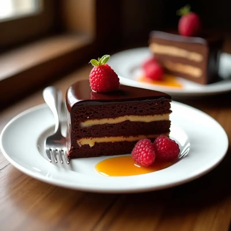 Sachertorte austriaca con cobertura de chocolate negro sin harina, cortada en porción sobre plato blanco, mostrando capas húmedas y glaseado brillante, acompañada de mermelada de albaricoque y frutos rojos.