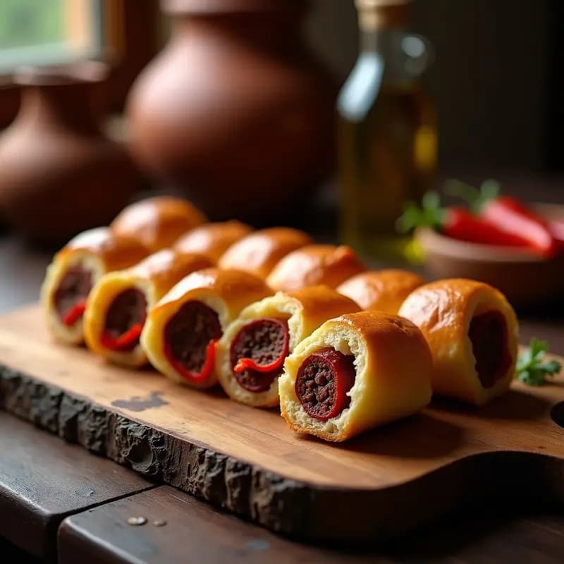 Rollitos de pan dorado rellenos de morcilla y pimientos secos en bandeja de madera, con fondo de taberna granadina y luz cálida.