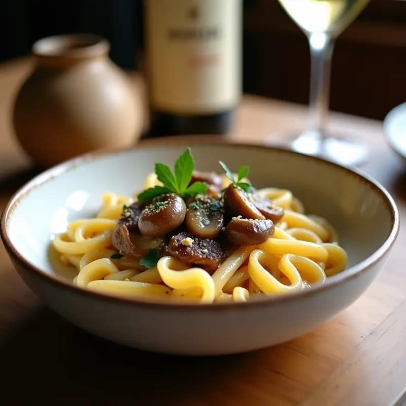 Plato hondo de cerámica blanca con Sahne Nudeln cremosos, champiñones portobello dorados y cebolla caramelizada, espolvoreado con perejil fresco y nuez moscada, receta alemana reconfortante.