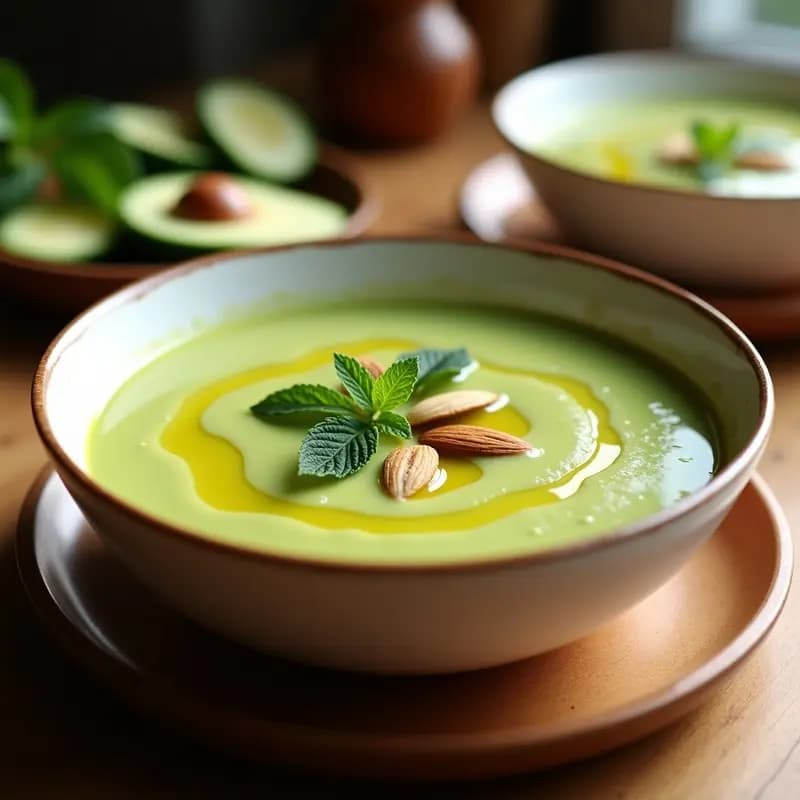 Cuenco de cerámica blanca con salmorejo verde de aguacate y pepino, decorado con almendras fileteadas tostadas, hojas de menta fresca y un hilo de aceite de oliva virgen extra sobre fondo rústico de madera.