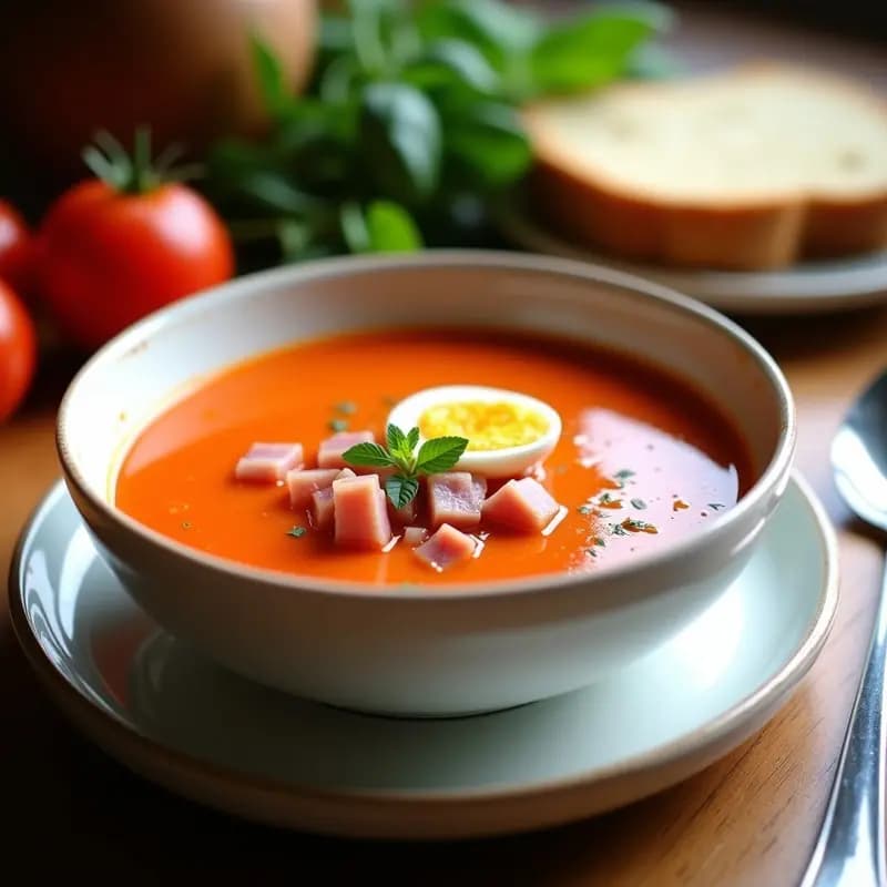 Cuenco de salmorejo cordobés sin pan blanco en Thermomix, cremoso y frío, decorado con taquitos de jamón serrano, huevo duro picado y un hilo de aceite de oliva virgen extra sobre fondo rústico.