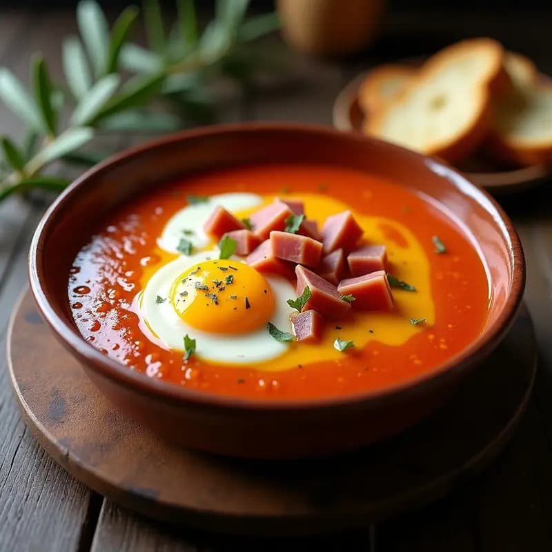 Cuenco de cerámica blanca con salmorejo cordobés cremoso, decorado con taquitos de jamón serrano y huevo duro picado. Hilo de aceite de oliva virgen extra sobre la superficie. Fondo rústico con pan tostado para acompañar.