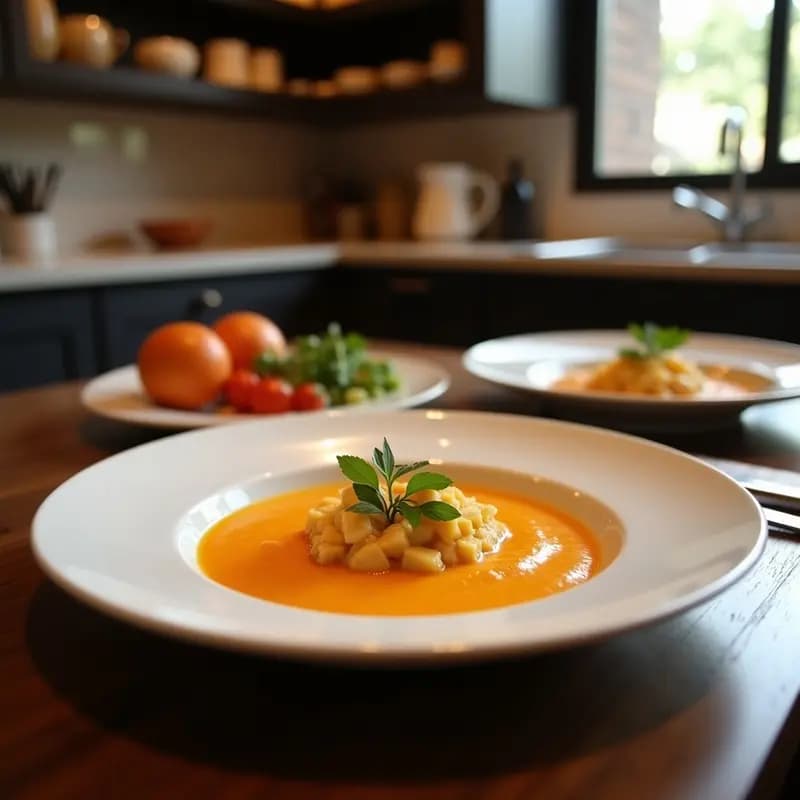 Cuenco de cerámica blanca con salmorejo de remolacha y manzana de color rosa intenso, decorado con crutones de centeno dorados, hojas de menta fresca y un hilo de aceite de oliva virgen extra. Plato frío español vegano con textura cremosa y contraste crujiente.