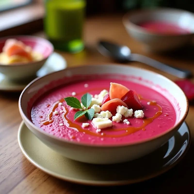 Cuenco blanco con salmorejo de remolacha de color rosa intenso, coronado con trozos de queso fresco blanco, virutas de jamón serrano y un hilo de aceite de oliva virgen extra, sobre fondo rústico de madera.