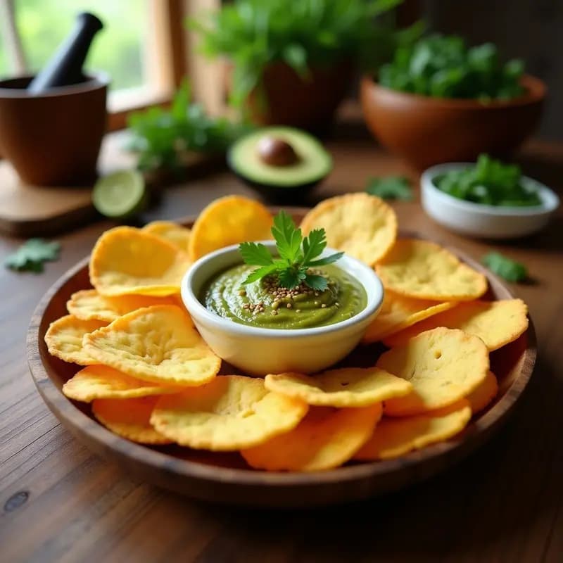 Plato rústico de madera con chips de cassava dorados y crujientes, acompañados de un bol de salsa de aguacate y cilantro verde vibrante. Decorado con hojas de cilantro fresco y semillas de sésamo, sobre un fondo de cocina colombiana con toques tropicales.