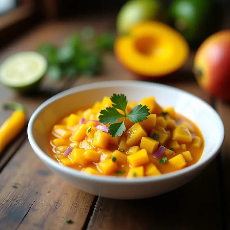 Salsa de ají amarillo y mango en un bol de cerámica blanca, con trozos de mango y ají amarillo visibles, acompañada de ramitas de cilantro fresco y un fondo de madera rústica, representando el aderezo peruano dulce-picante ideal para carnes.