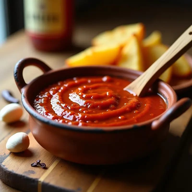 Cuenco de barro con salsa brava casera espesa y brillante, de color rojo intenso, acompañada de patatas bravas doradas y una cuchara de madera. Receta auténtica española.