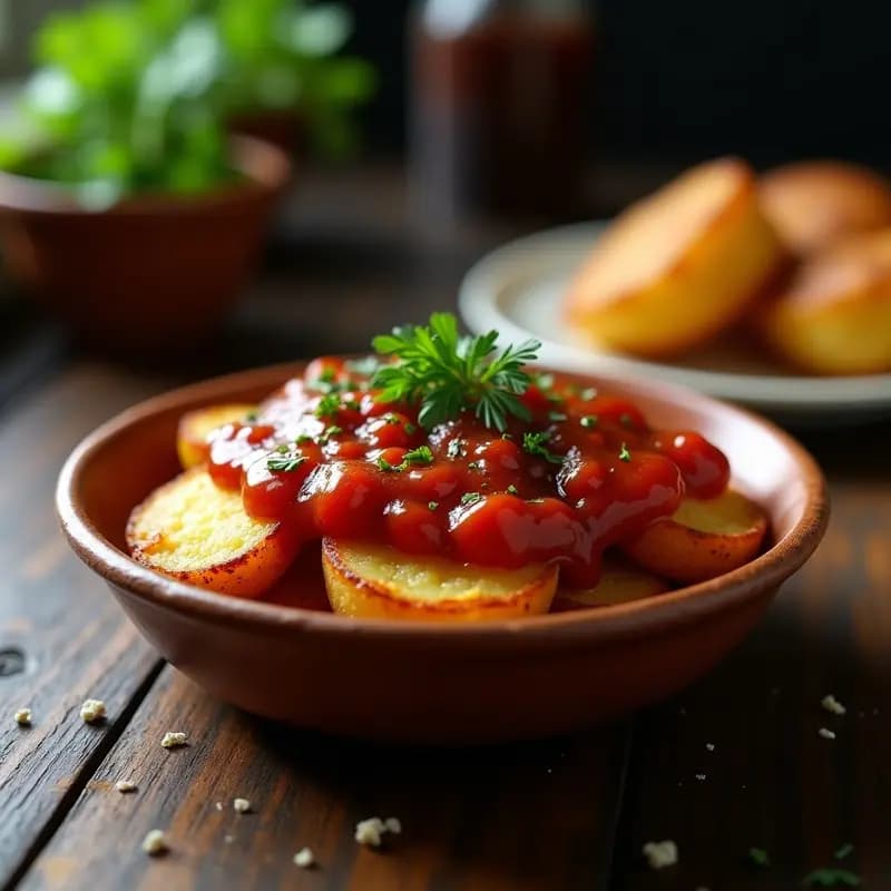 Plato hondo de barro con patatas panaderas doradas al horno, cubiertas con salsa brava espesa y brillante de color rojo intenso, decoradas con perejil fresco. Acompañamiento perfecto para tapas españolas.