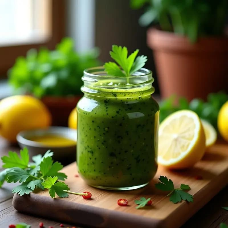 Frasco de vidrio transparente con salsa chimichurri de cilantro y limón, de color verde intenso con trocitos visibles de hierbas. Acompañado de ramitas de cilantro fresco y rodajas de limón sobre una tabla de madera rústica. Receta vegana y sin gluten de aderezo argentino.