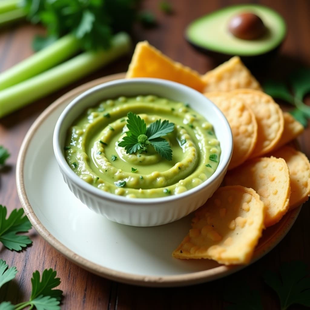 Bol de cerámica blanca con salsa guasacaca cremosa de color verde vibrante, decorada con hojas de cilantro y perejil fresco. Acompañada de trozos de arepa dorada y palitos de apio, sobre un fondo rústico de madera con hierbas frescas esparcidas.