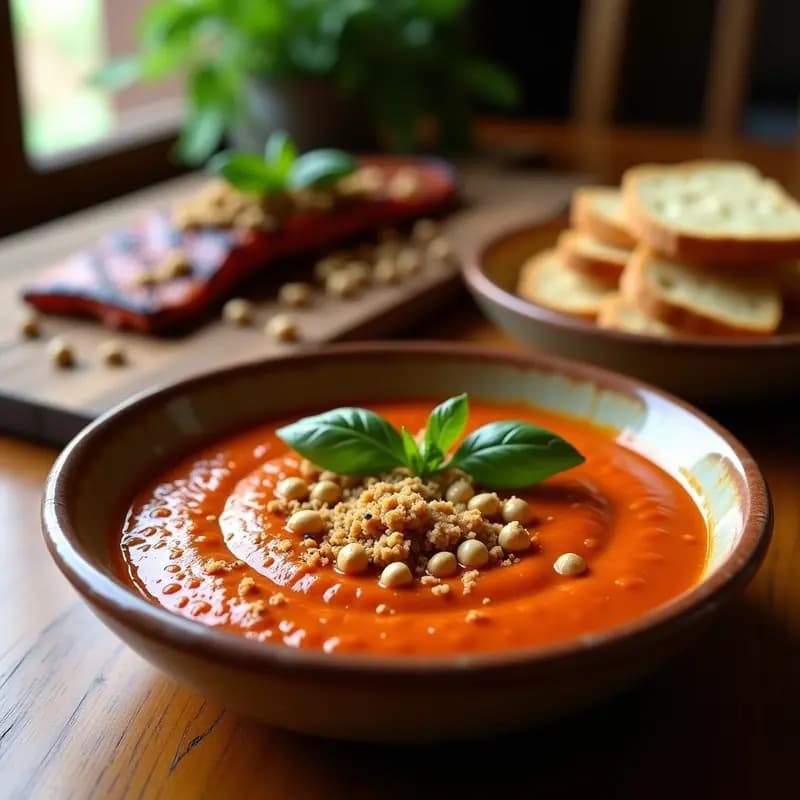Cuenco de cerámica rústica con salsa romesco cremosa de color rojizo, decorada con avellanas picadas y hojas de albahaca fresca, acompañada de pan tostado y trozos de carne a la parrilla al fondo.