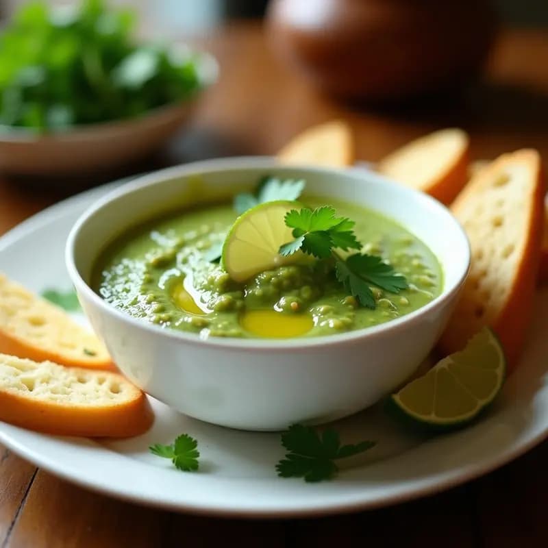 Tazón de cerámica blanca con salsa verde peruana vibrante, adornada con hojas de cilantro y rodajas de limón, acompañada de trozos de pan tostado para dippear.