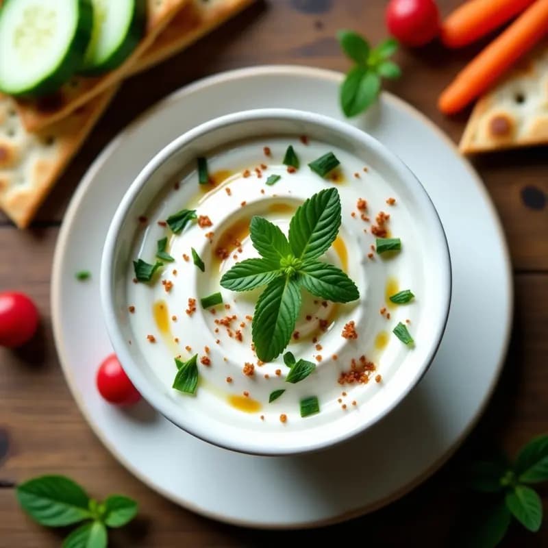 Bol de cerámica blanca con salsa de yogur griego cremosa, salpicada de hojas de menta fresca verde y láminas de ajo negro, acompañada de bastones de zanahoria y pan de pita. Receta griega para tupper fácil y rápida.