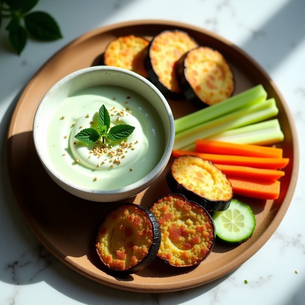 Bol de cerámica blanca con salsa cremosa de yogur griego y menta, salpicada de semillas de sésamo y hojas de menta fresca. Al lado, crujientes de berenjena dorados y bastones de apio, pepino y zanahoria. Receta de dip keto para verduras.