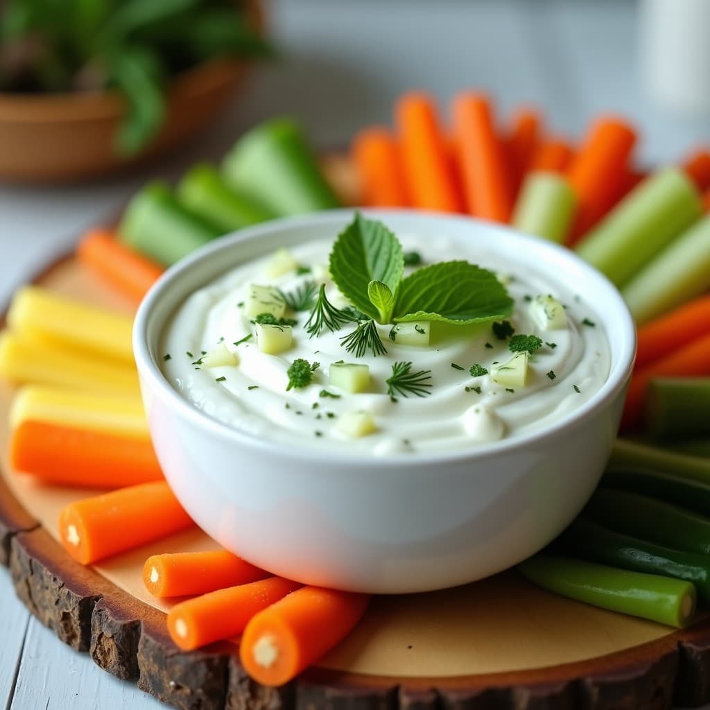 Bol de cerámica blanca con salsa de yogur griego cremosa, trocitos de pepino verde y hojas de eneldo y menta fresca. Acompañado de bastones de zanahoria y apio sobre tabla de madera rústica. Receta de dip proteico y bajo en calorías.