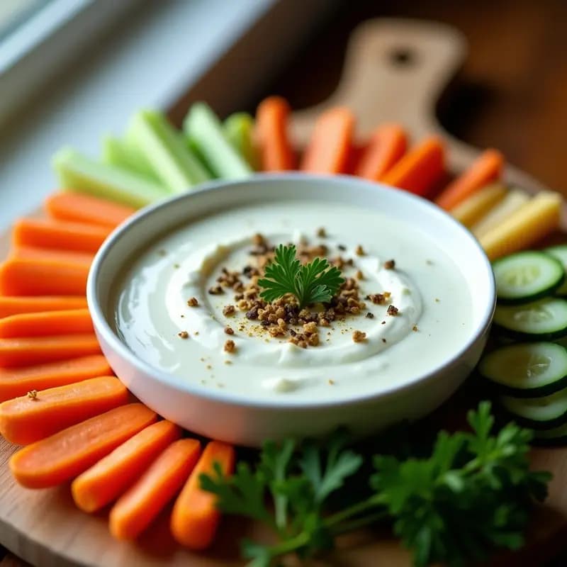 Bol de cerámica blanca con salsa de yogur cremosa, hierbas provenzales y trocitos de ajo negro, acompañada de bastones de zanahoria y apio sobre una tabla de madera rústica. Receta de aperitivo francés sin lácteos.