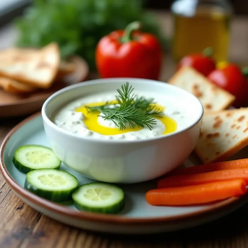 Bol de cerámica blanca con salsa de yogur griega cremosa, trocitos de pepino fresco, eneldo picado y un hilo de aceite de oliva. Acompañada de pan de pita y verduras crudas para mojar. Receta para tupper sin gluten.