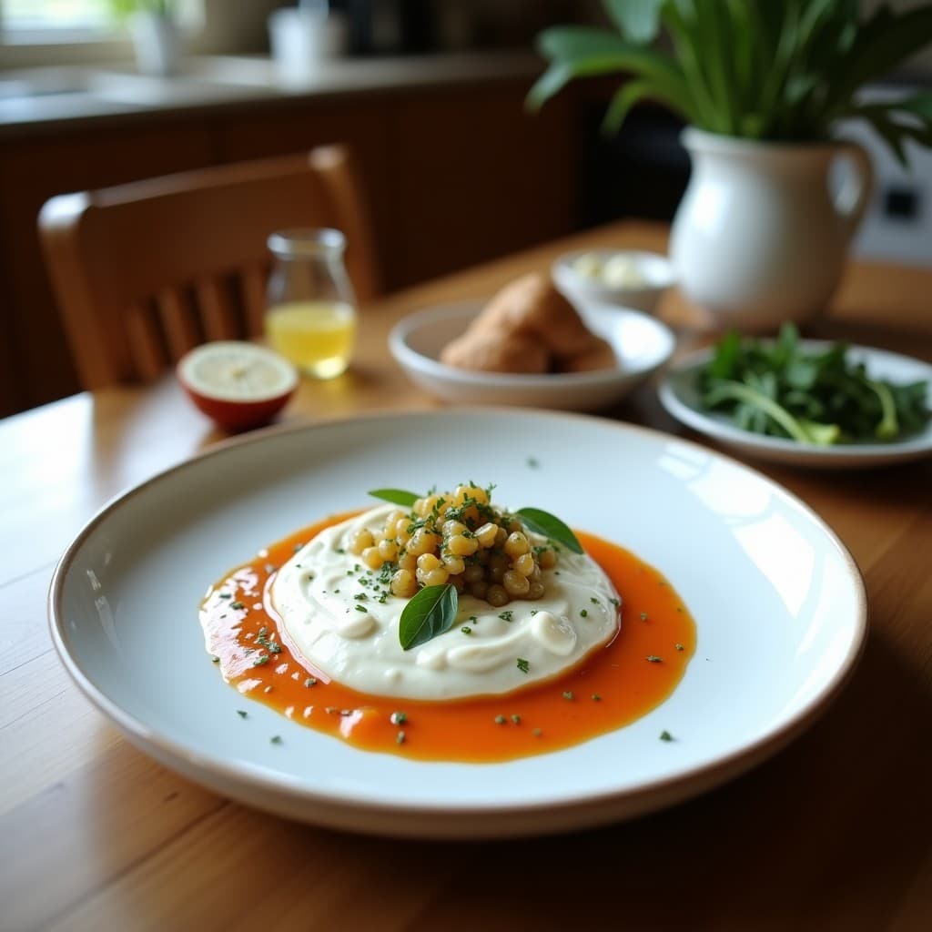 Cuenco de cerámica blanca con salsa de yogur de soja cremosa, espolvoreada con hierbas provenzales y un hilo de aceite de oliva, acompañada de bastones de zanahoria y apio sobre una tabla de madera rústica.