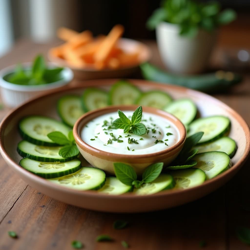 Cuenco de cerámica blanca con salsa de yogur de soja con menta y pepino, decorada con hojas de menta fresca y un hilo de aceite de oliva virgen extra, servida sobre una mesa rústica con pan de pita y bastones de zanahoria al lado.