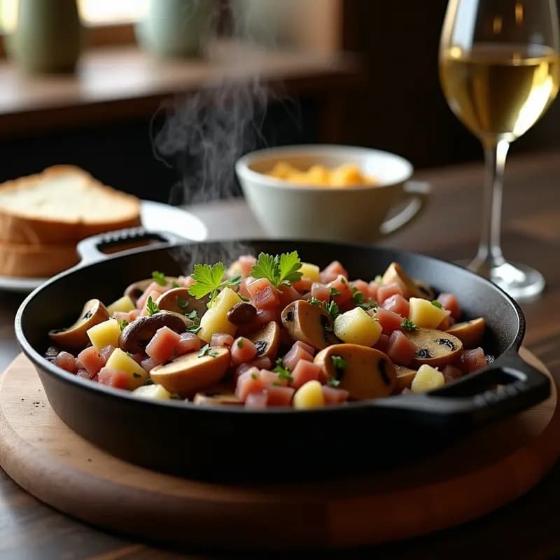 Sartén de hierro con salteado de setas doradas, jamón serrano en taquitos y ajo, espolvoreado con perejil fresco. Tapa caliente tradicional española lista para servir sobre pan tostado.