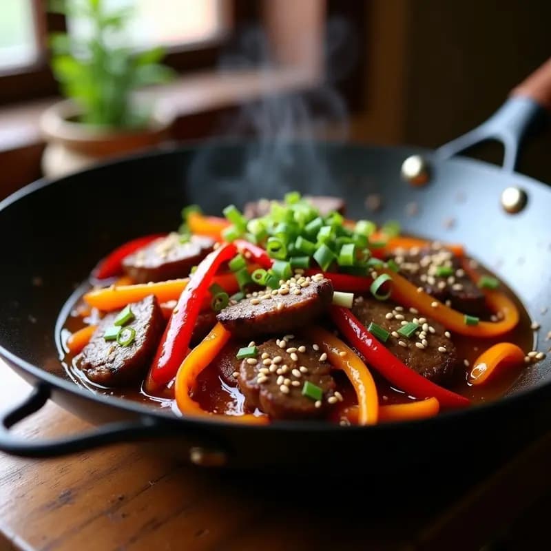 Salteado de ternera con pimientos rojos y amarillos en tiras, ostras frescas y salsa brillante en un wok de acero, decorado con semillas de sésamo y cebollino picado. Plato con toque umami y colores vibrantes.