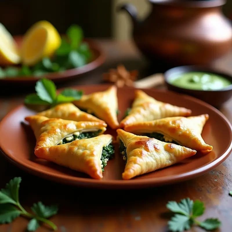Samangs dorados y crujientes rellenos de espinacas frescas y queso paneer, servidos en un plato de barro con chutney de menta al lado, receta india vegetariana en tawa.