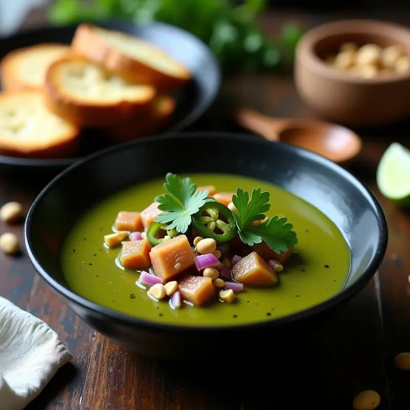 Bol de cerámica negra con sambal matah indonesio, una salsa picante de color verde brillante con trozos de atún, jalapeño y cilantro. Acompañado de crackers integrales y rodajas de limón sobre una tabla de madera rústica.