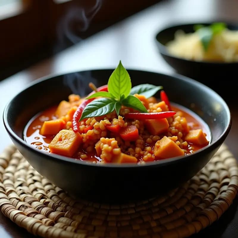 Cuenco de barro negro con sambal de tempeh y pimientos vegano, de color rojo intenso con trozos de tempeh dorado y cacahuetes triturados, decorado con hojas de limón kaffir y rodajas de chile fresco. Plato típico indonesio picante y umami.