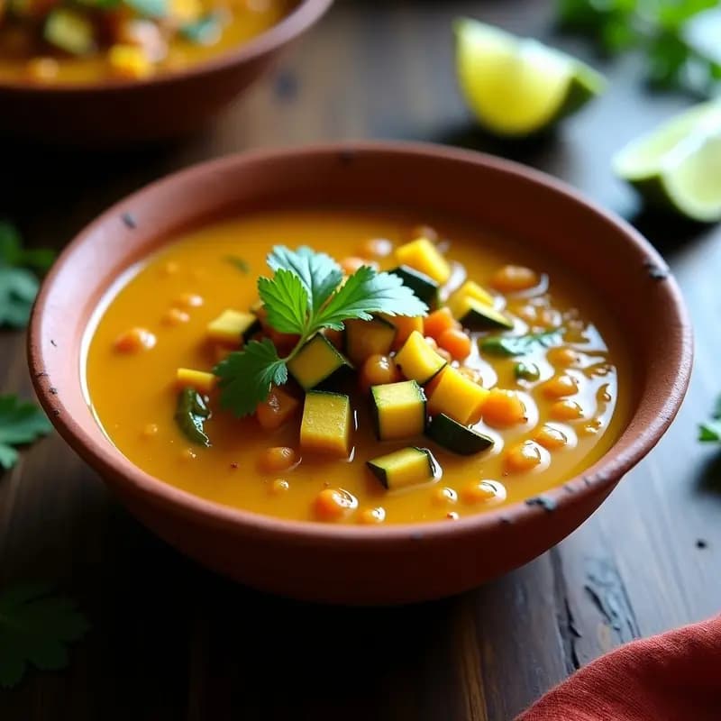 Plato hondo de barro con sambar de lentejas rojas y calabacín en cubos, bañado en un caldo espeso de color dorado con especias visibles. Decorado con hojas de cilantro fresco y acompañado de un cuenco de arroz basmati. Receta vegana india con toque de tamarindo.