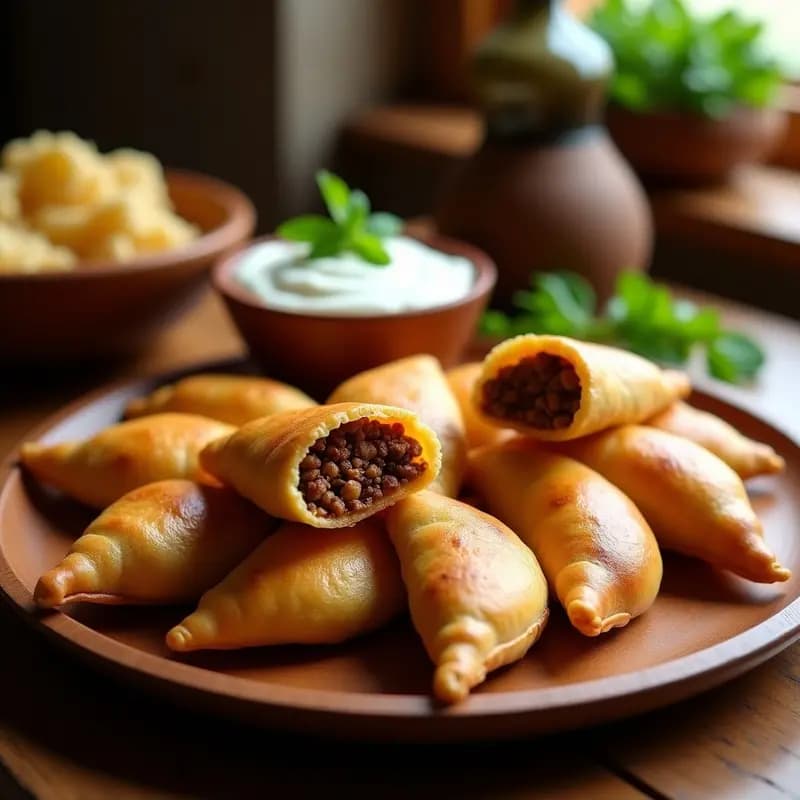 Sambeusa etíopes doradas y crujientes en airfryer, rellenas de carne picante y cebolla, con especias berbere visibles y perejil fresco. Plato tradicional africano servido en bandeja de madera con salsa de yogur al lado.
