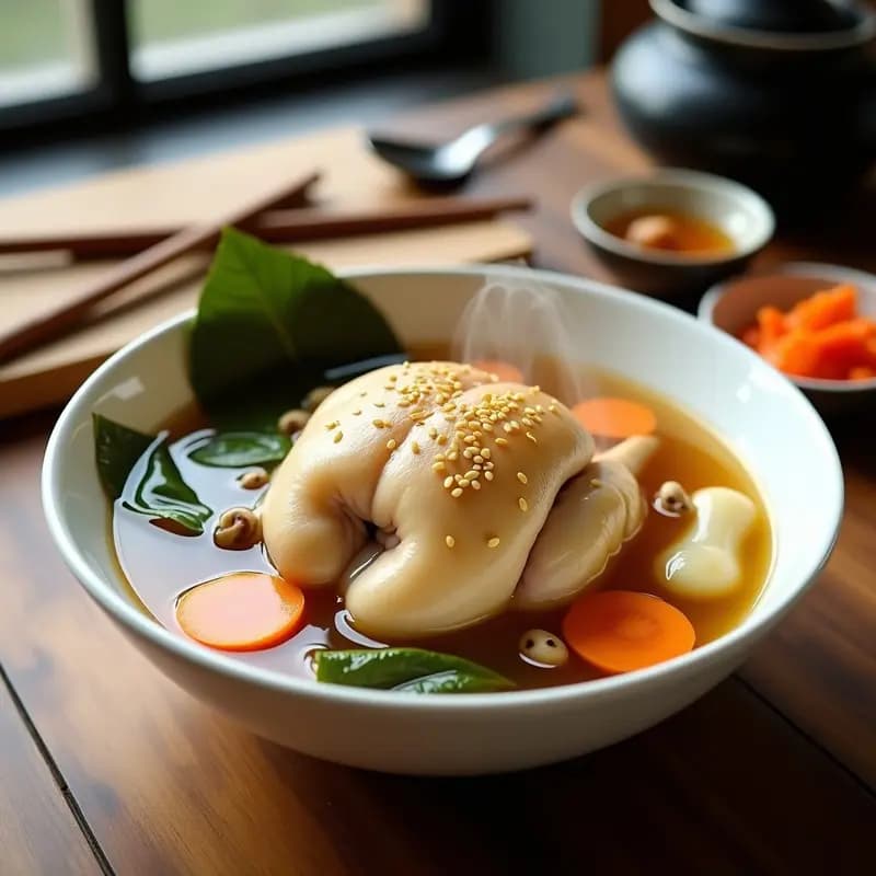 Cuenco de cerámica blanca con samgyetang coreano: pollo dorado relleno de arroz glutinoso y dátiles, bañado en un caldo transparente con láminas de ginseng, rodajas de zanahoria y hongos shiitake. Decorado con semillas de sésamo y hojas verdes, sobre una mesa de madera con utensilios tradicionales.