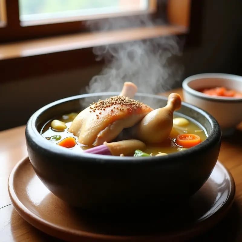 Olla de barro tradicional coreana con samgyetang humeante: pollo dorado relleno de arroz glutinosa y dátiles, sumergido en un caldo dorado y aromático con trozos de zanahoria, cebolla y puerro. Espolvoreado con semillas de sésamo tostadas.