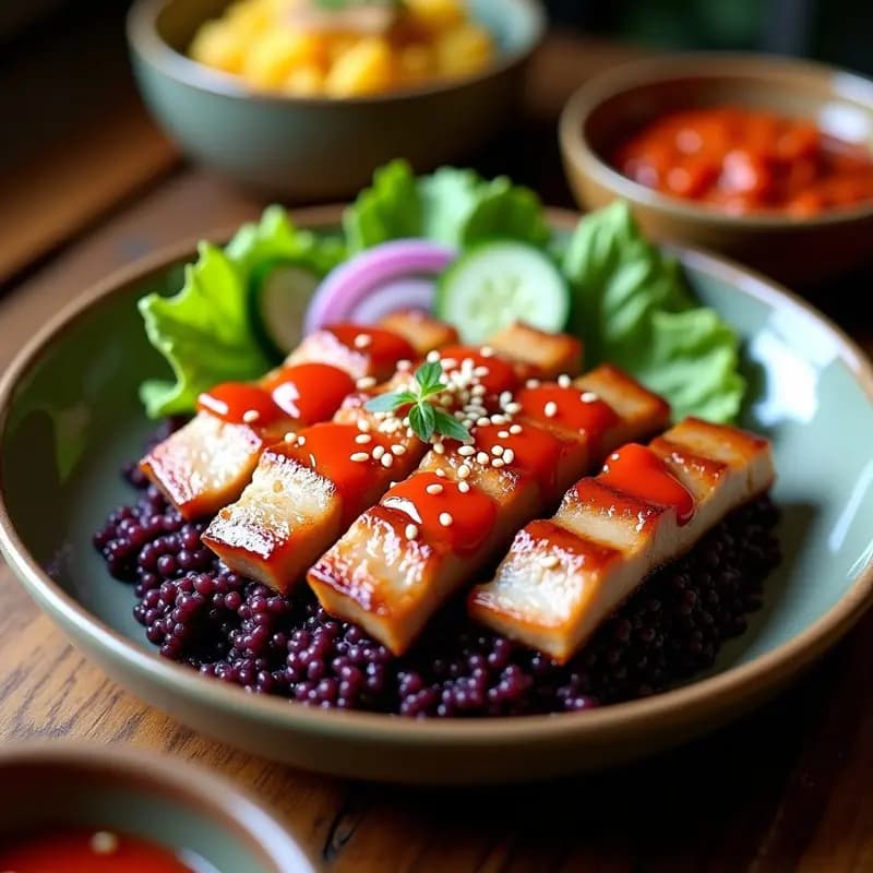 Plato tradicional coreano con tiras de lomo de cerdo a la parrilla sobre arroz morado, acompañado de salsa de kimchi, cebolla morada, pepino y semillas de sésamo, servido en hoja de lechuga para envolver.