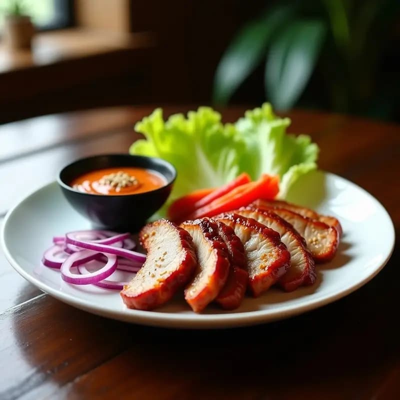 Plato tradicional coreano de samgyupsal con tiras de cerdo marinado y dorado, acompañado de salsa de kimchi vegana cremosa, cebolla morada, pepino y hojas de lechuga, servido en una mesa de madera rústica.