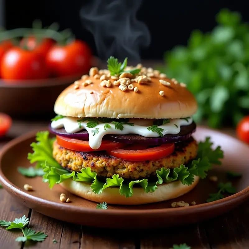 Hamburguesa georgiana vegana Sami Kebab de berenjena y nueces, dorada y jugosa, servida en plato rústico con salsa de granada y hojas de cilantro fresco.