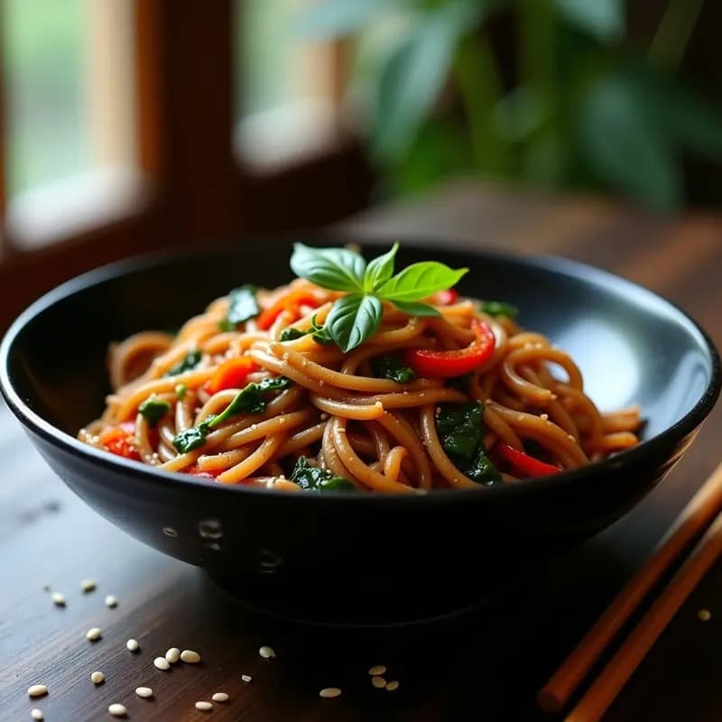 Plato hondo de cerámica negra con samlá buckwheat coreano: fideos de trigo sarraceno salteados con calabacín, zanahoria, pimiento rojo, champiñones shiitake y espinacas, bañados en salsa umami y decorados con semillas de sésamo negras. Receta vegana y sin gluten.